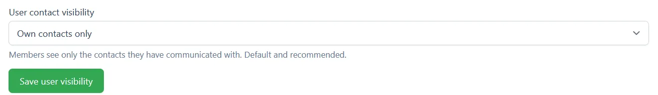 The Admin contact visibility dropdown set to All contacts, with the Save admin visibility button