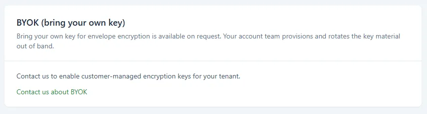The BYOK (bring your own key) section explaining that BYOK is available on request and a Contact us about BYOK link