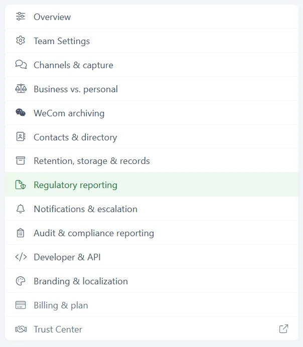 The Configuration sidebar with Regulatory reporting selected