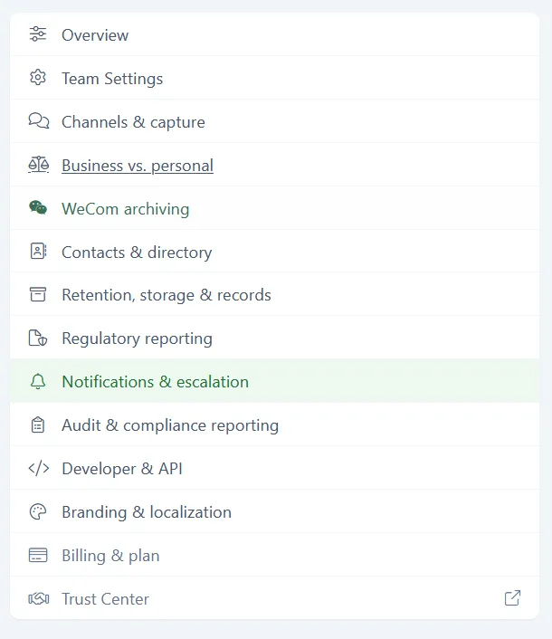 The Configuration sidebar with Notifications & escalation selected