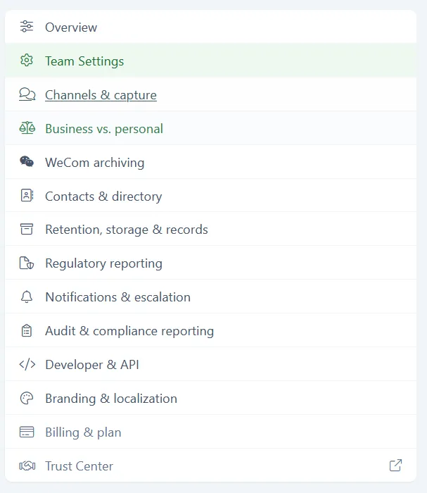 The Configuration sidebar with Team Settings selected