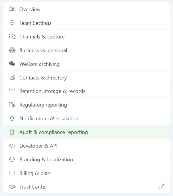The Configuration sidebar with Audit & compliance reporting selected