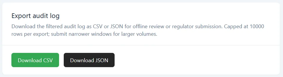 The Export audit log card with the Download CSV and Download JSON buttons