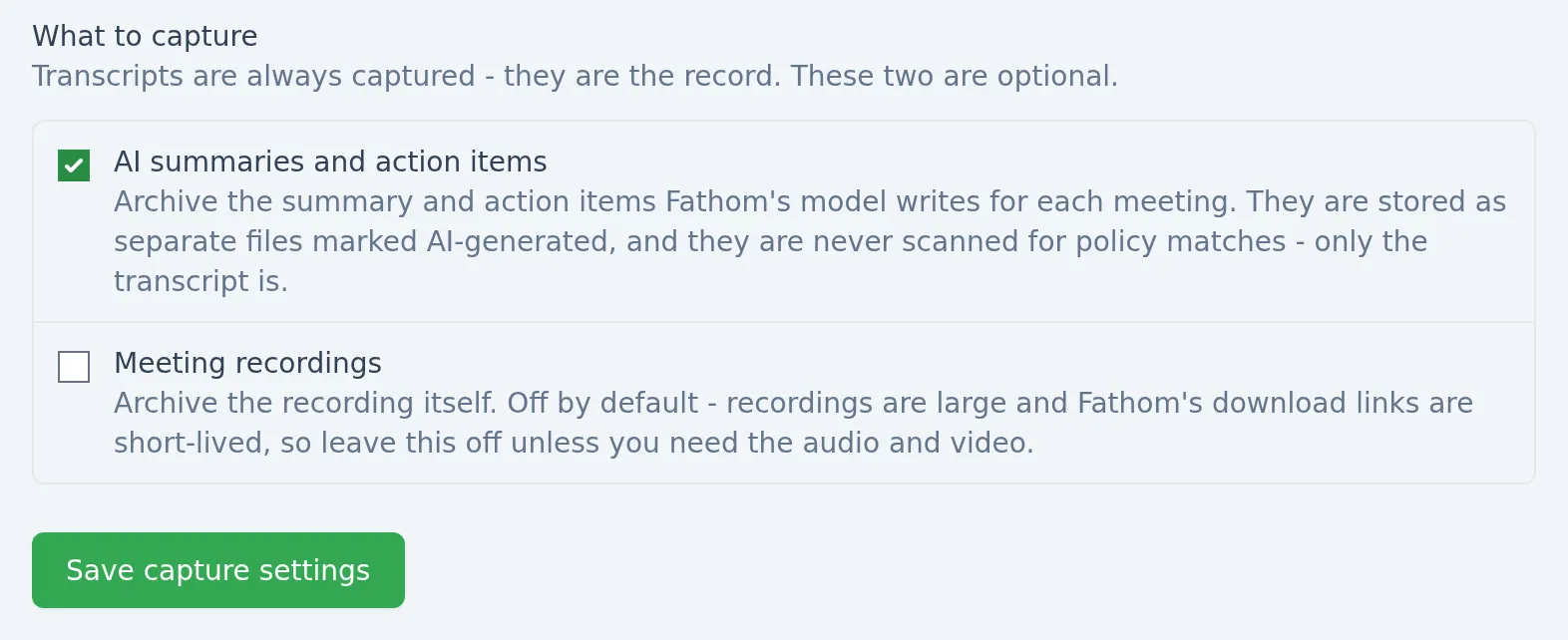 Fathom capture settings in Comma, showing AI summaries enabled and meeting recordings disabled