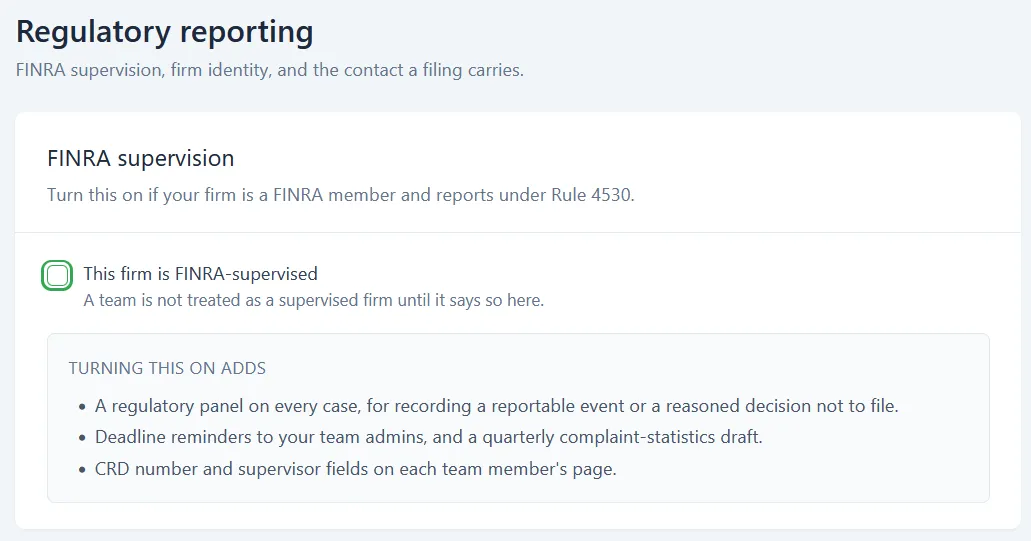 The FINRA supervision card with the This firm is FINRA-supervised checkbox and the list of what turning it on adds