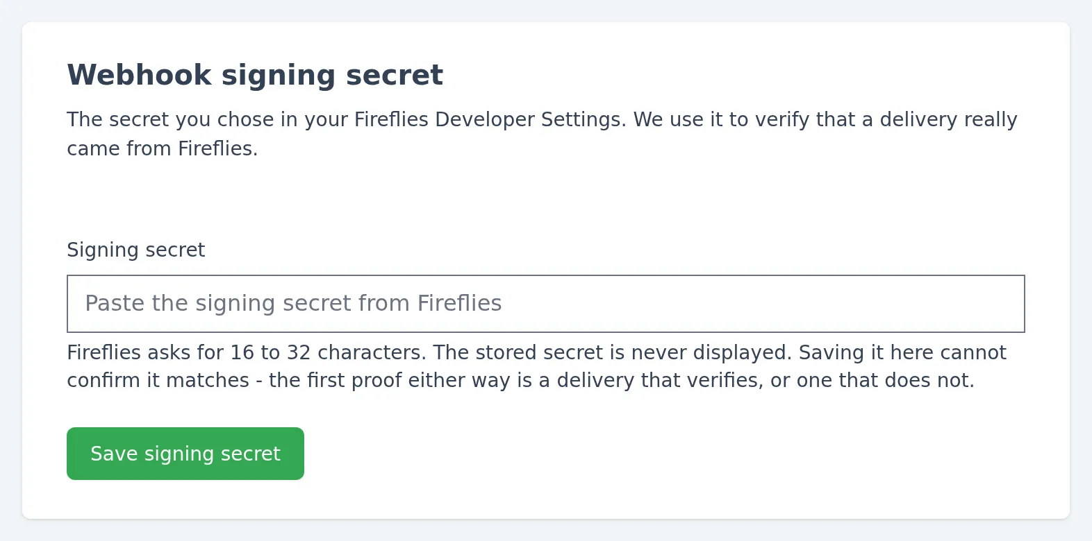 Webhook signing secret panel in Comma with a blank secret field and Save signing secret button