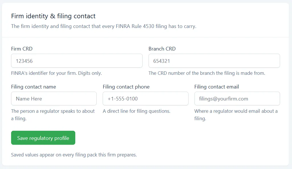 The Firm identity and filing contact card showing Firm CRD, Branch CRD, filing contact name, phone, and email, with the Save regulatory profile button