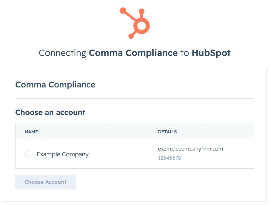 HubSpot account selection screen with a Choose Account button