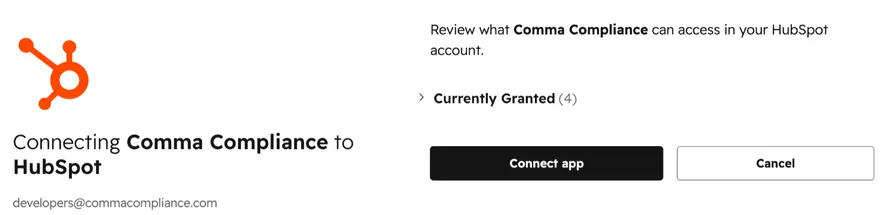 HubSpot authorization screen with a Connect App button