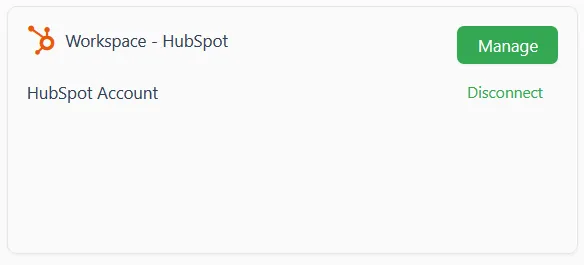 Integrations page showing the connected HubSpot card with a Manage button