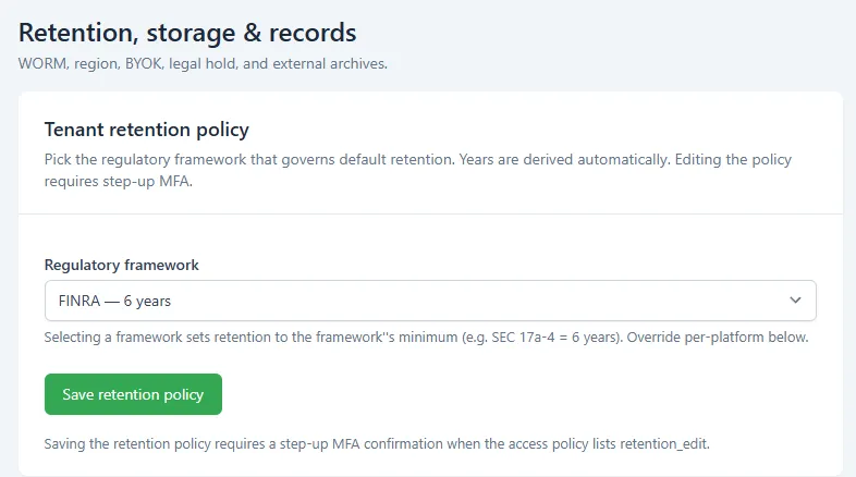 The Tenant retention policy section with FINRA selected in the Regulatory framework dropdown and the Save retention policy button below