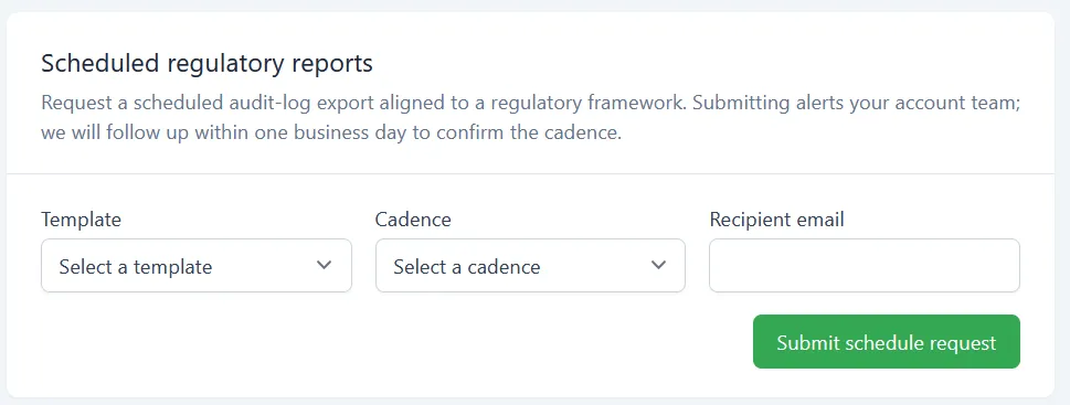 The Scheduled regulatory reports card with the Template and Cadence dropdowns, Recipient email field, and Submit schedule request button