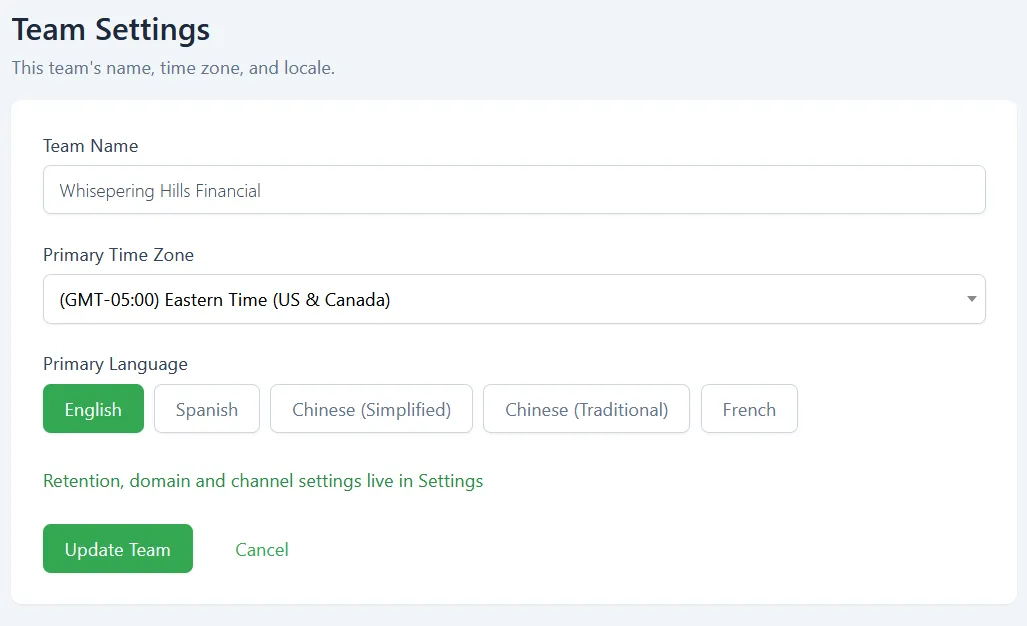The Team Settings screen showing Team Name, Primary Time Zone, Primary Language, and the Update Team button