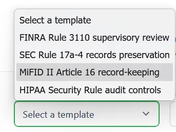 The Template dropdown open, showing the four regulatory framework templates