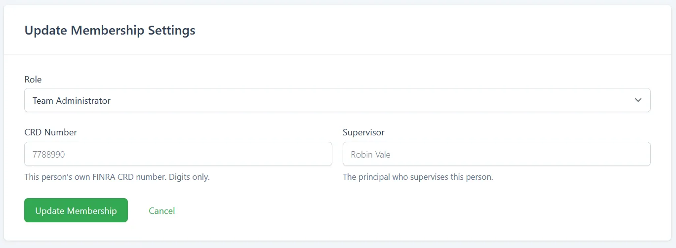 The Update Membership Settings panel showing the Role dropdown, CRD Number, and Supervisor fields with the Update Membership button