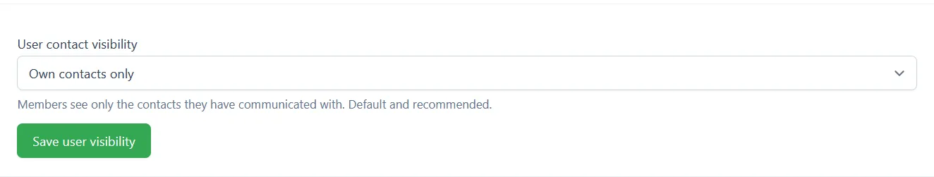 The User contact visibility dropdown set to Own contacts only, with the Save user visibility button